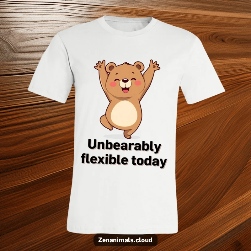 Funny t-shirt featuring a cheerful bear in a victorious yoga pose, radiating peace, strength, and a sense of accomplishment.