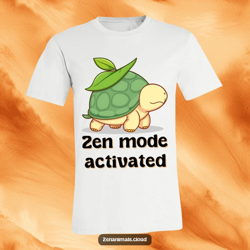 Funny turtle t-shirt with a green leaf on its head, walking slowly, showcasing a peaceful and humorous reptilian character.