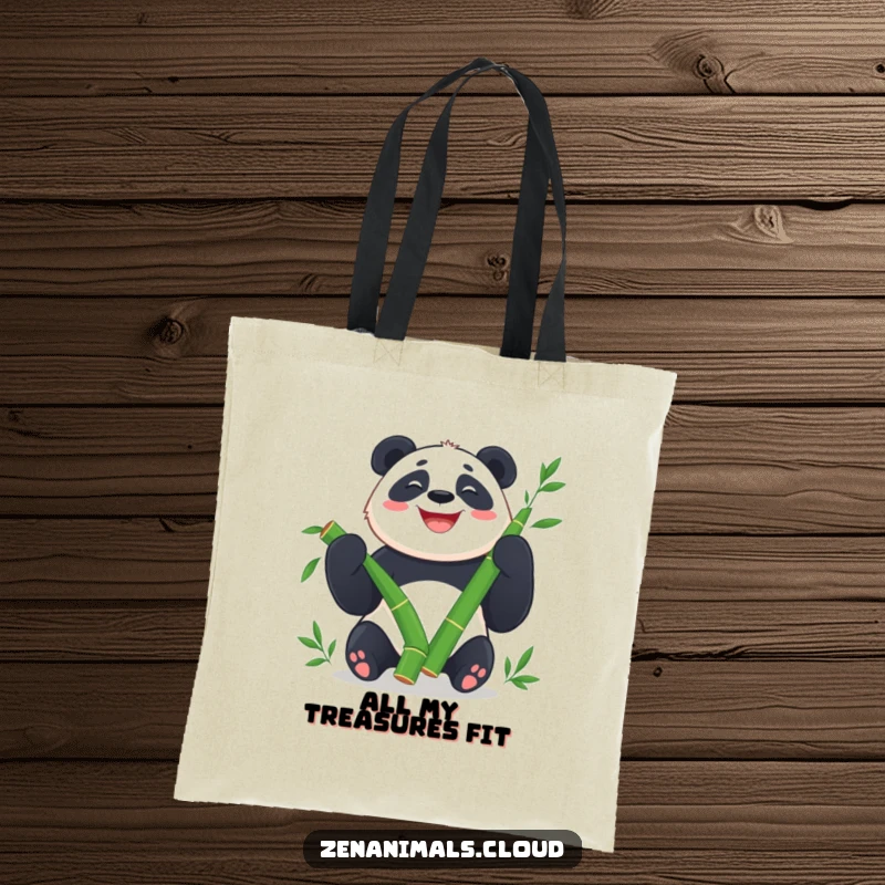 Funny Panda Tote Bag: Happy panda juggling bamboo shoots with a wide grin, a cheerful and practical accessory.