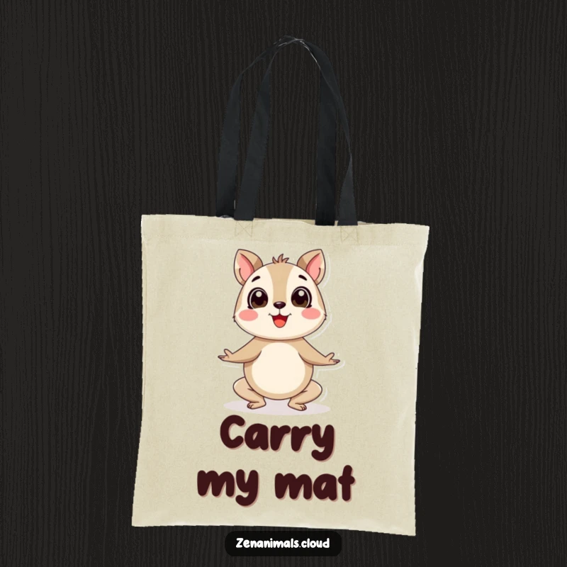 Funny yoga animal tote bag displaying a round, happy creature enthusiastically striking a yoga pose with wide, joyful eyes.