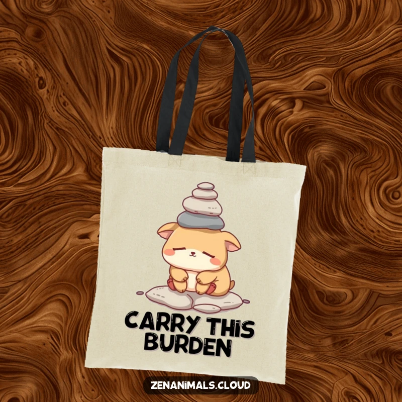Funny sleepy animal tote bag depicting a tired creature attempting to balance small rocks on its head, symbolizing the weight of daily life humorously.