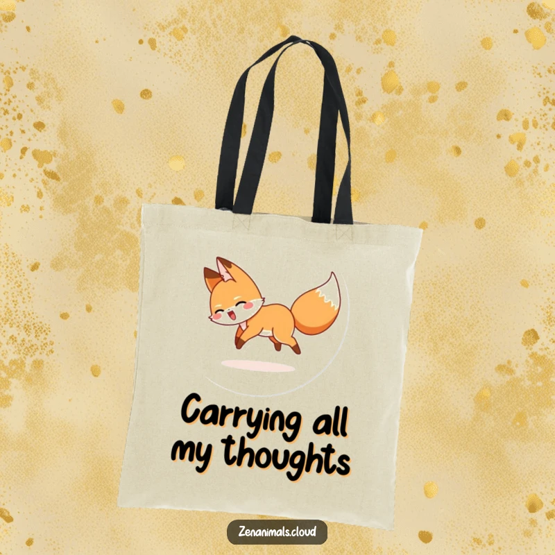Funny tote bag printed with a cartoon illustration of a fox gleefully pursuing its tail in a circle.
