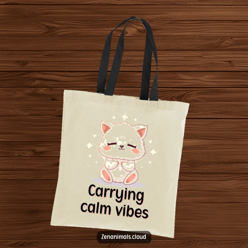 Funny meditation animal tote bag featuring a tiny, fluffy creature meditating with closed eyes and a soft glow, perfect for everyday zen.