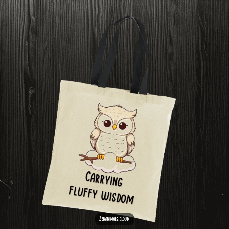Funny Owl Tote Bag: A serene owl smiles peacefully on a cloud, perfect for carrying essentials with a touch of whimsical wisdom and humor.