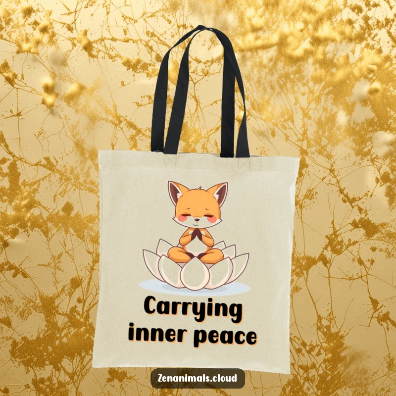 Funny tiny fox meditating on a floating lotus flower, decorating this stylish and funny tote bag.