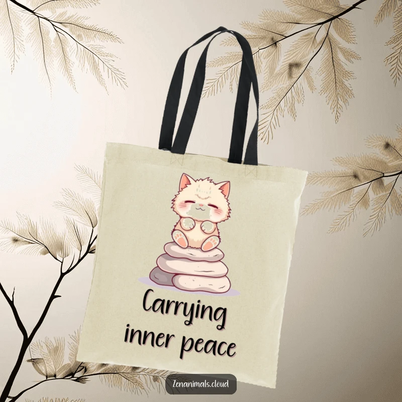 Funny Cat Tote Bag: Fluffy cat meditating on stone stack, eyes closed, a humorous and practical accessory.