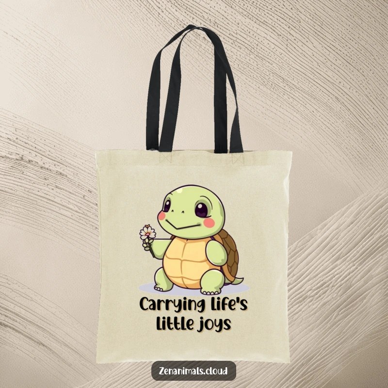 Funny tote bag illustrating a wise turtle presenting a small, endearing flower, ideal for carrying groceries or books with a smile.