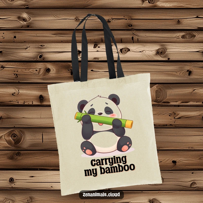 Funny panda bear tote bag illustration of a plump bear giggling while balancing a large bamboo shoot on its nose.