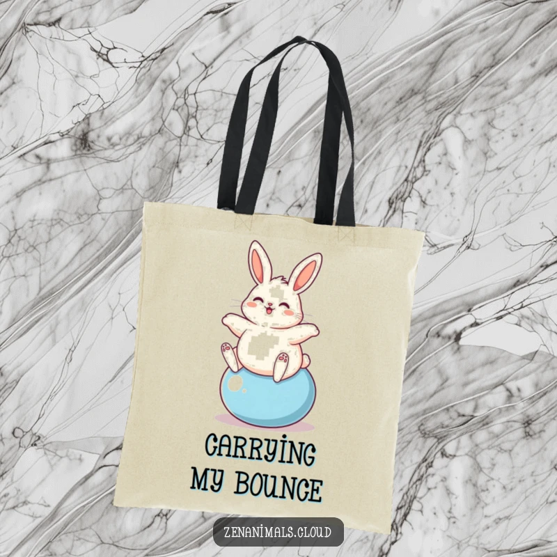 Funny plump bunny happily bouncing on a yoga ball, decorating this stylish and funny tote bag.