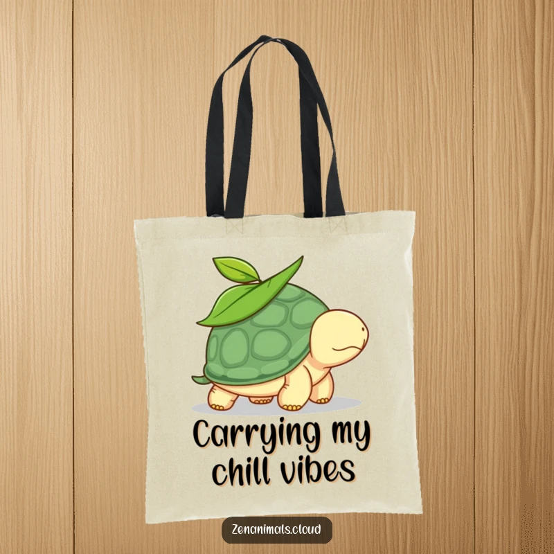 Funny turtle tote bag with a leaf on its head, depicted walking slowly, making it a humorous and practical accessory.