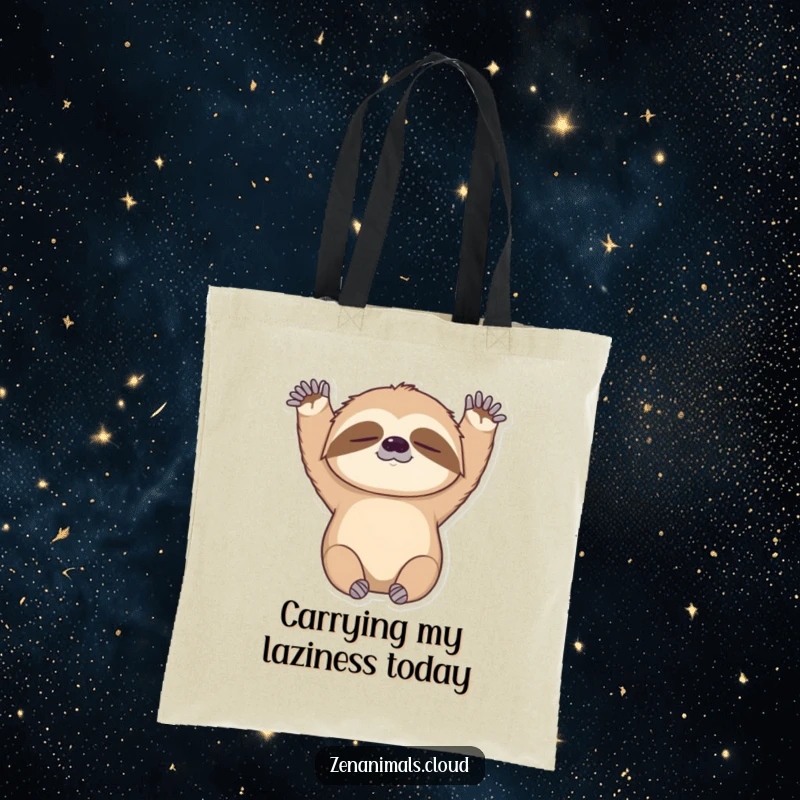 Funny tote bag showcasing a sleepy sloth stretching its arms upwards, embodying a chill and easygoing attitude for everyday use.