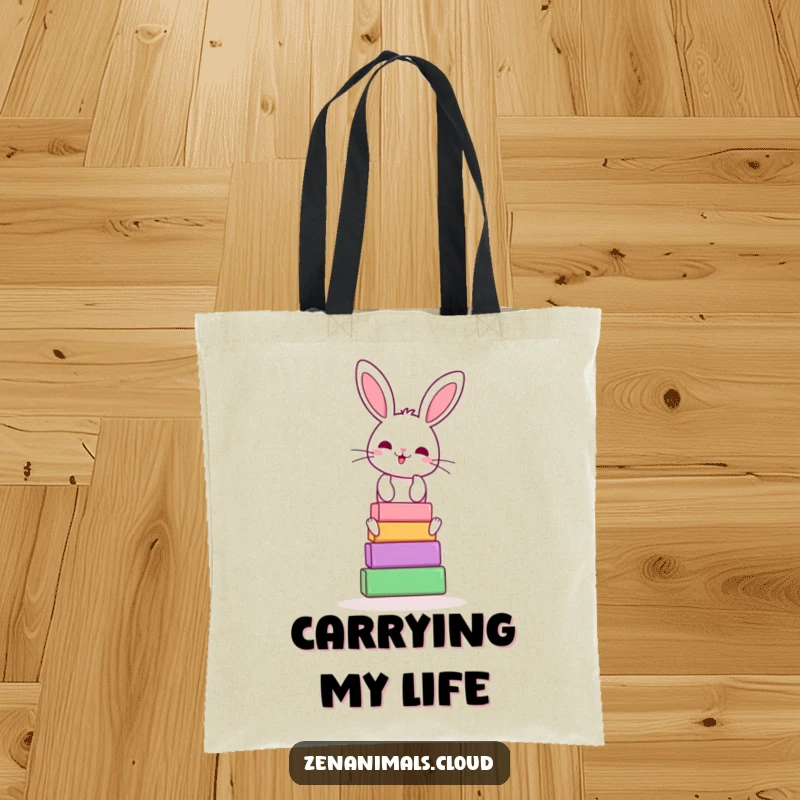 Funny bunny yoga tote bag with a cheerful rabbit balancing yoga blocks, practical and humorous for everyday use.
