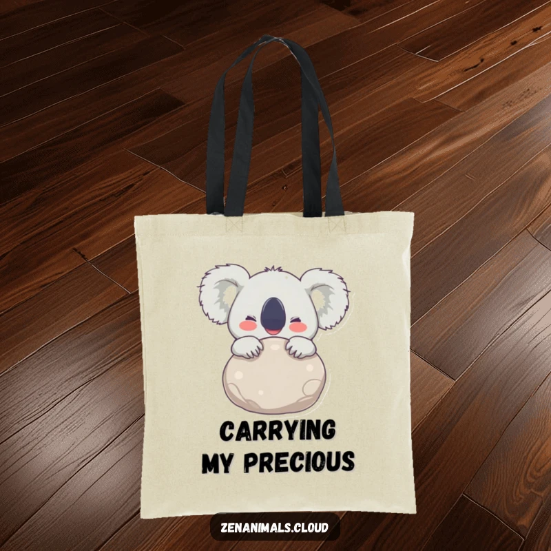 Funny Tote Bag with a joyful koala hugging a stone, eyes wide with delight, perfect for carrying essentials with happiness.