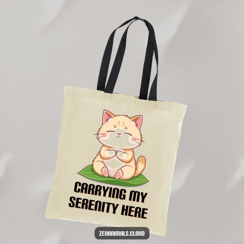 Funny Tote Bag showcasing a round, fluffy cat meditating peacefully on a leaf, designed for humor and practicality.