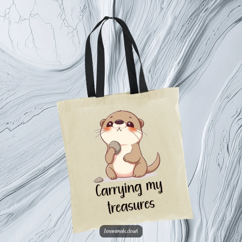 Funny playful otter balancing a pebble on its nose, looking up, a humorous and practical tote bag.