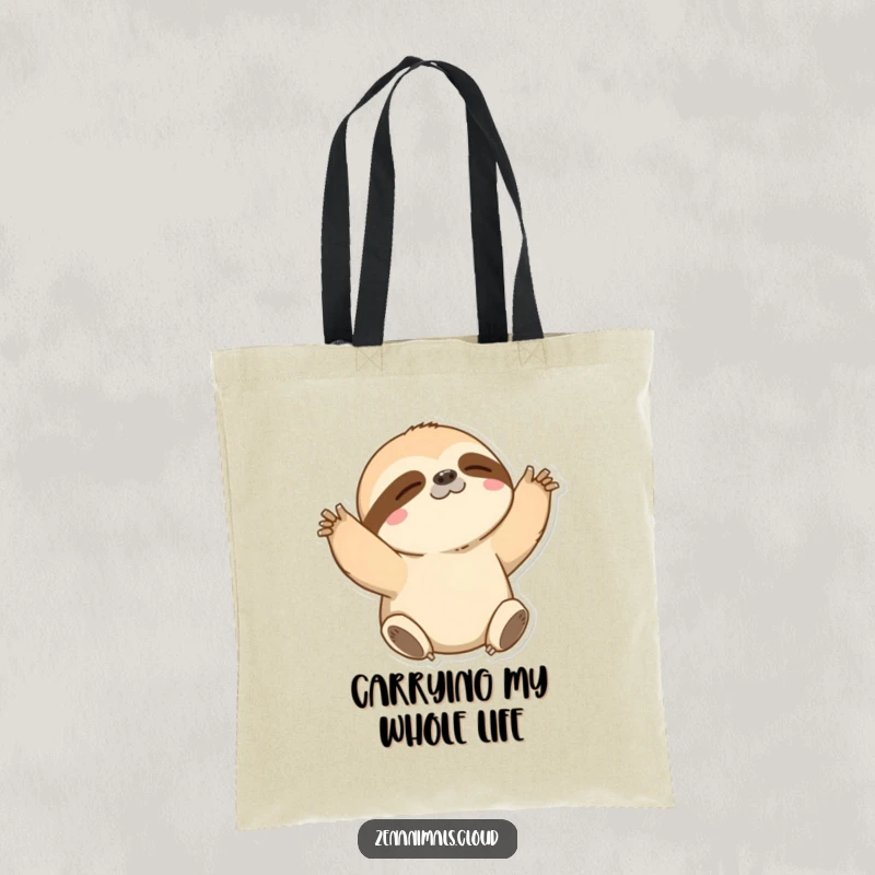Funny Sloth Tote Bag: A charming tote bag showing a sloth slowly stretching its arms, perfect for carrying essentials with humor.