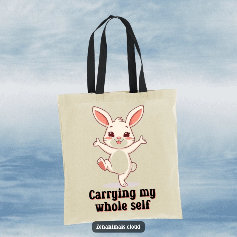 Funny Bunny Tote Bag: A cheerful bunny in a playful yoga pose with one leg extended, great for carrying fitness gear.