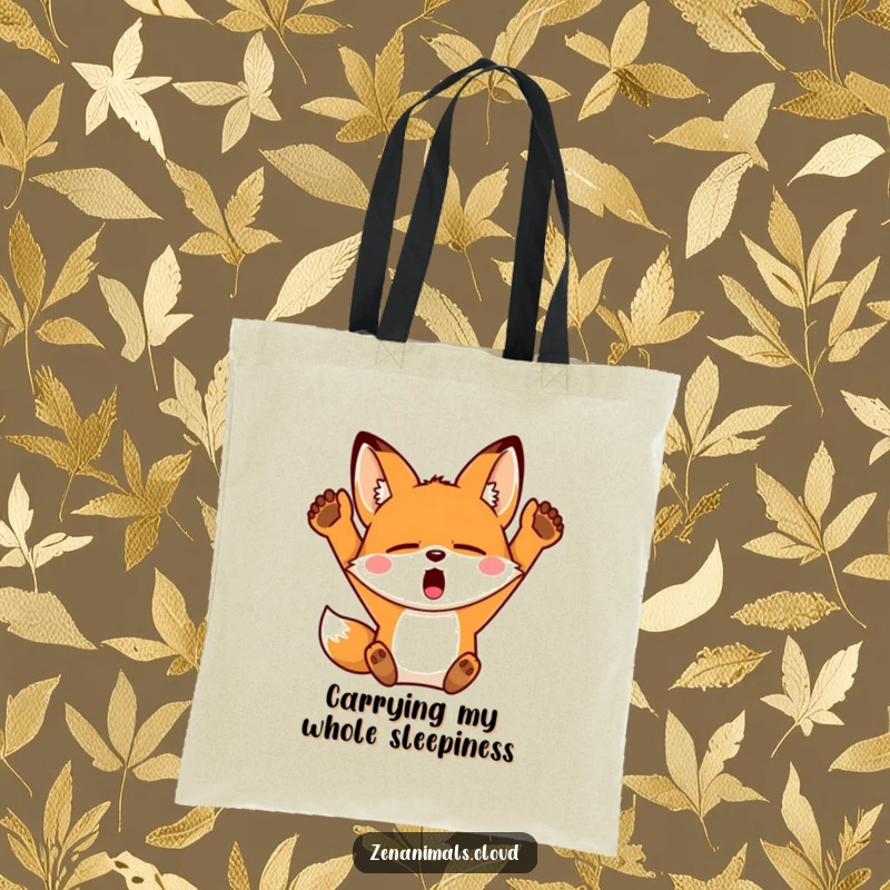 Funny Fox Tote Bag: A sleepy fox yawning widely and stretching its arms upwards, perfect for carrying daily items with humor.