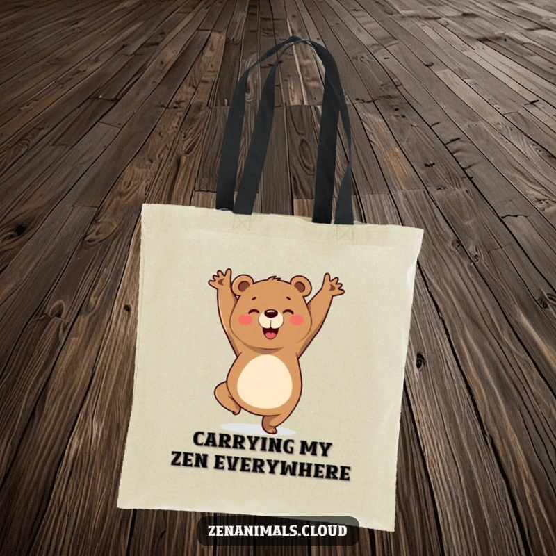 Funny tote bag featuring a cheerful bear in a triumphant yoga pose, perfect for carrying essentials with a blend of mindfulness and humor.