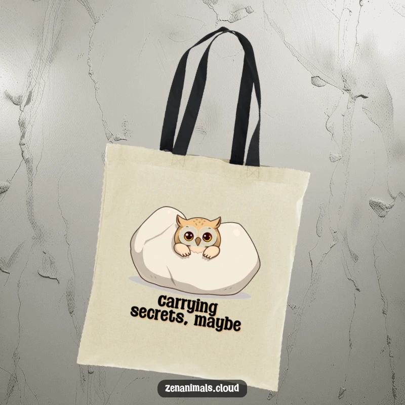 Funny Owl Tote Bag: A curious owl peeking out from behind a large, smooth stone, perfect for carrying items with humor.