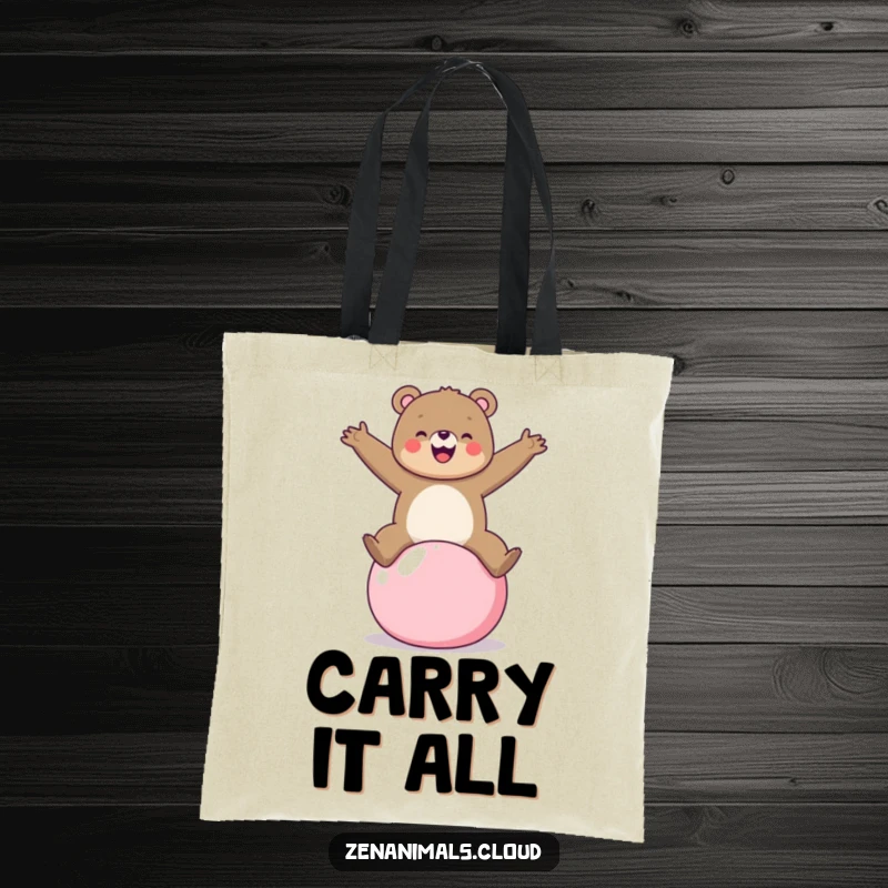 Funny bear balancing on a yoga ball on a tote bag, a cheerful accessory for fitness lovers.