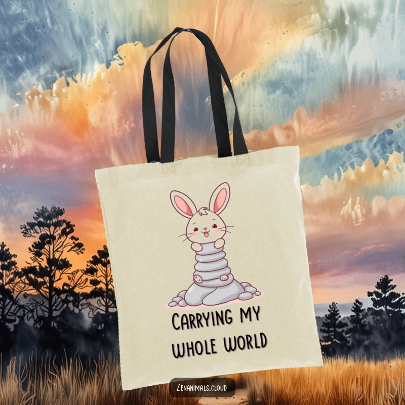 Funny tote bag featuring a cheerful bunny with a smile, balancing a tall stack of pebbles.
