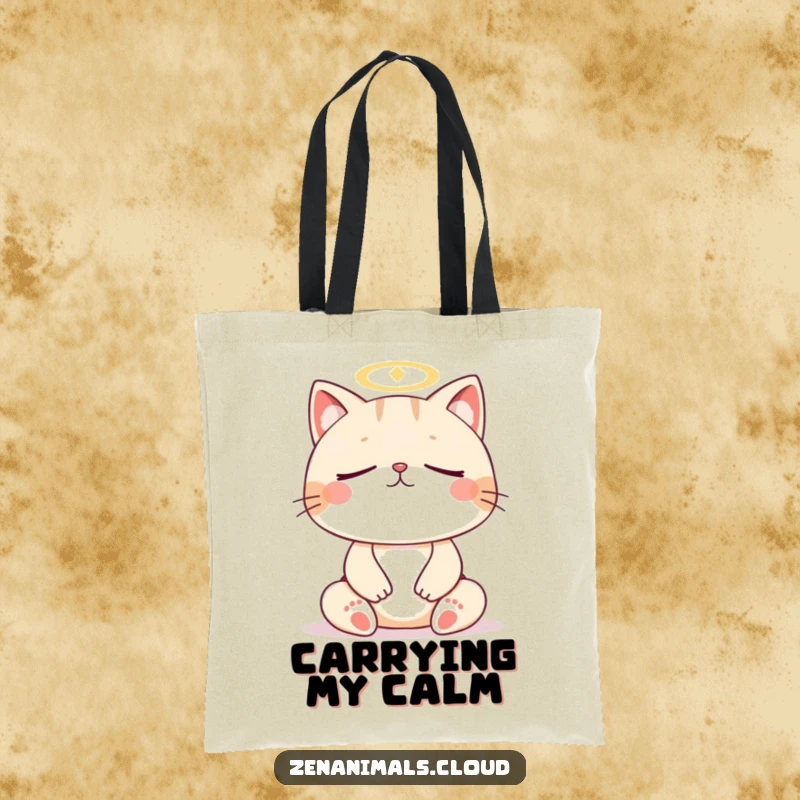 Funny cat meditation tote bag, durable bag with a meditating cat and halo, humorous and stylish.
