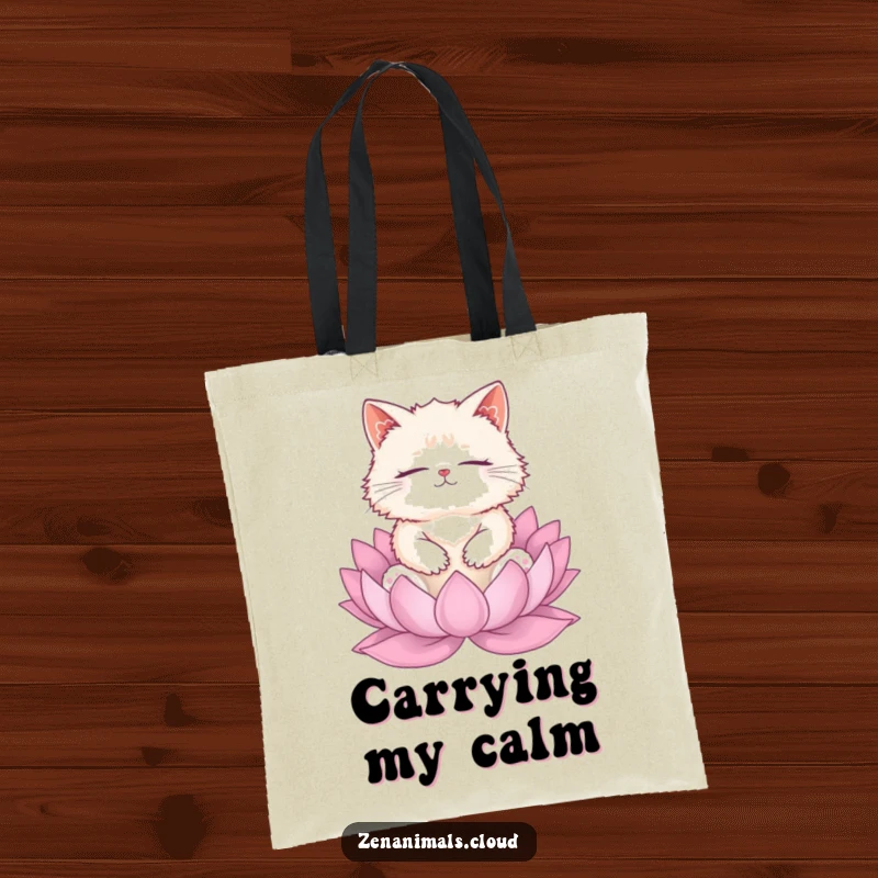 Funny cat meditation tote bag with a fluffy cat on a lotus, perfect for carrying items with zen.