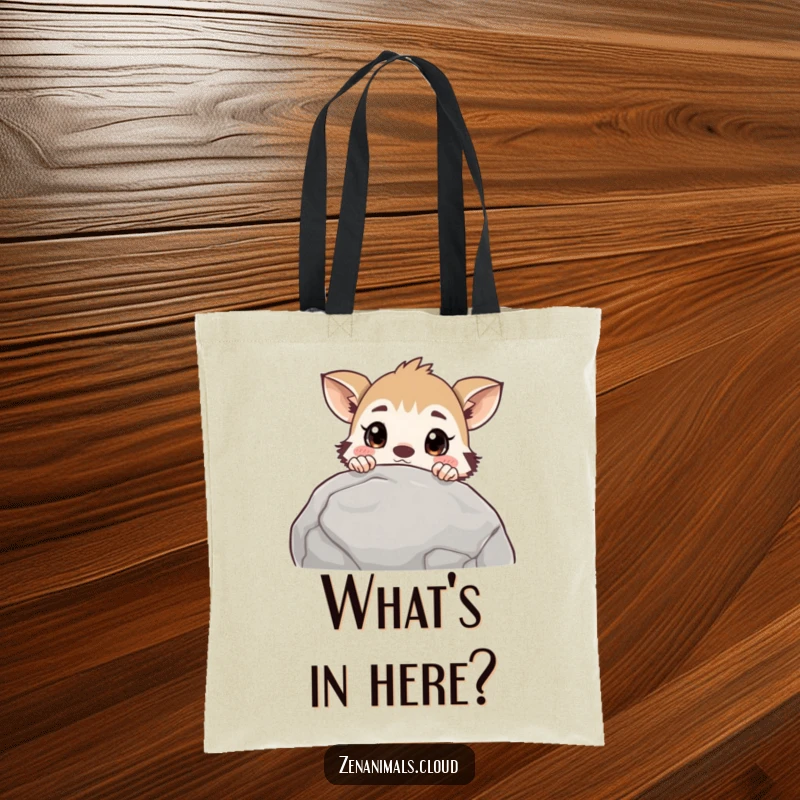 Funny curious animal tote bag depicting a creature peeking over a rock with a surprised expression, symbolizing discovery and curiosity.