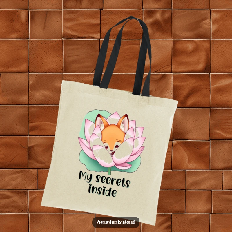 Funny curious fox peeking from a lotus on a tote bag, a mystical and charming carryall accessory.
