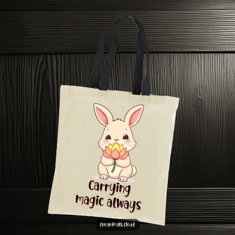 Funny Rabbit Tote Bag: Curious rabbit holding a glowing lotus flower, nose twitching, a magical and practical accessory.