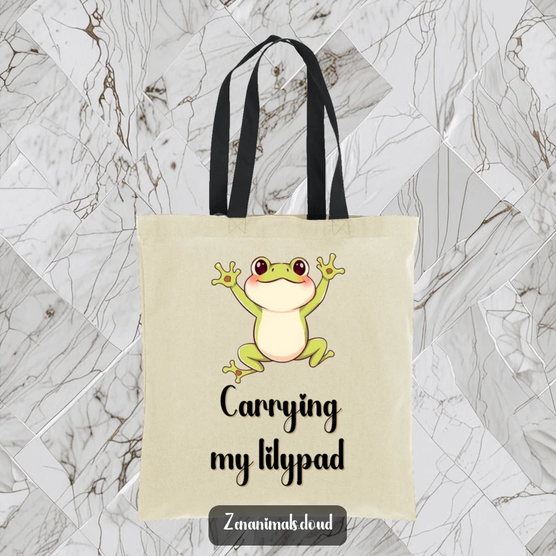 Funny Frog Tote Bag: A charming tote bag showing a joyful frog in a leaping pose, perfect for carrying essentials with humor.