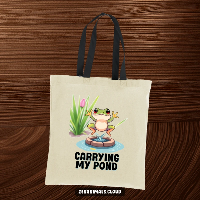 Funny frog tote bag with a vibrant frog leaping into a tiny meditation pond, creating a humorous splash, perfect for everyday carry.