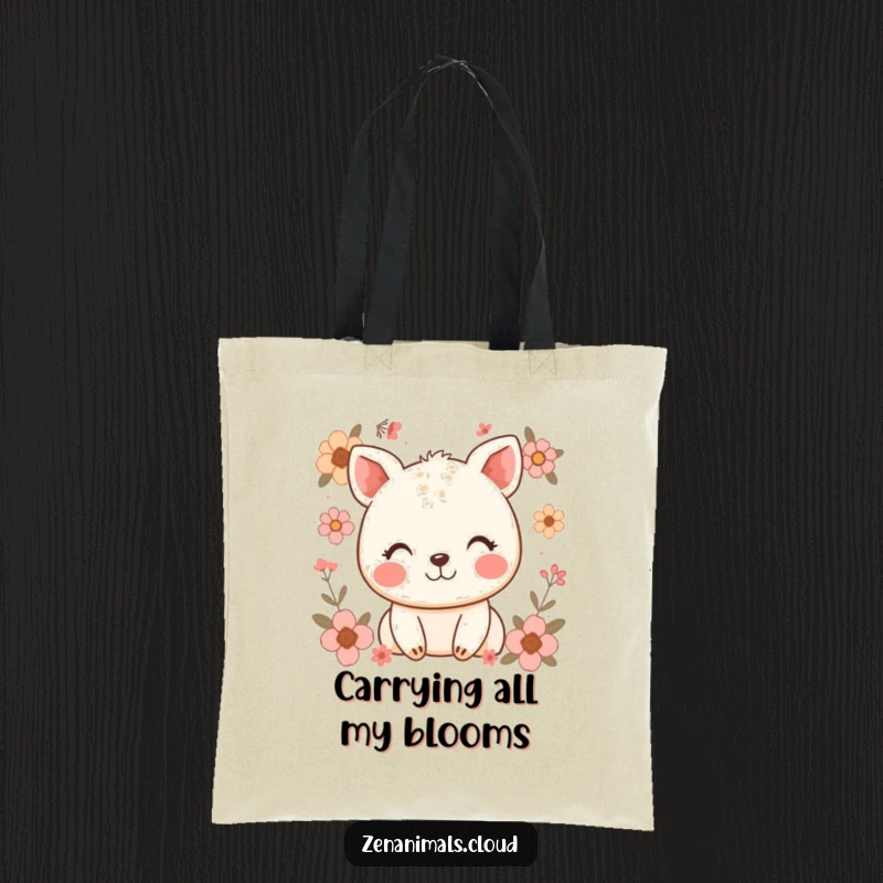 Funny tote bag showcasing a beaming happy animal amidst gentle floral greenery, perfect for carrying joy and essentials.