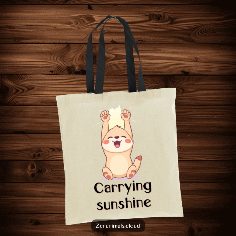 Funny joyful animal tote bag depicting a happy creature stretching its limbs towards a sunbeam, symbolizing positivity and happiness.