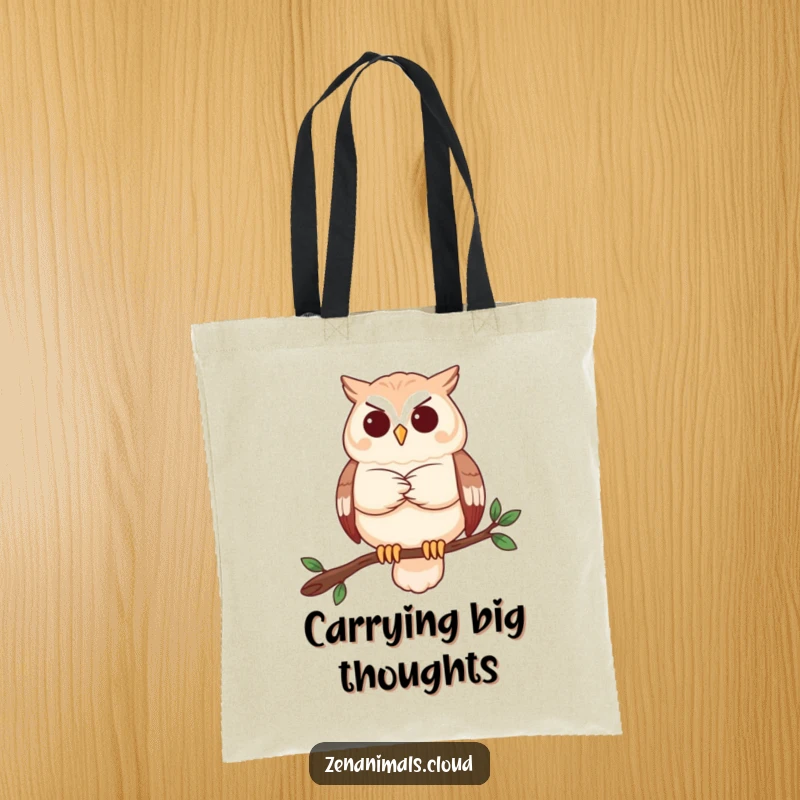 Funny owl tote bag with a serene owl contemplating, practical and humorous for everyday use.
