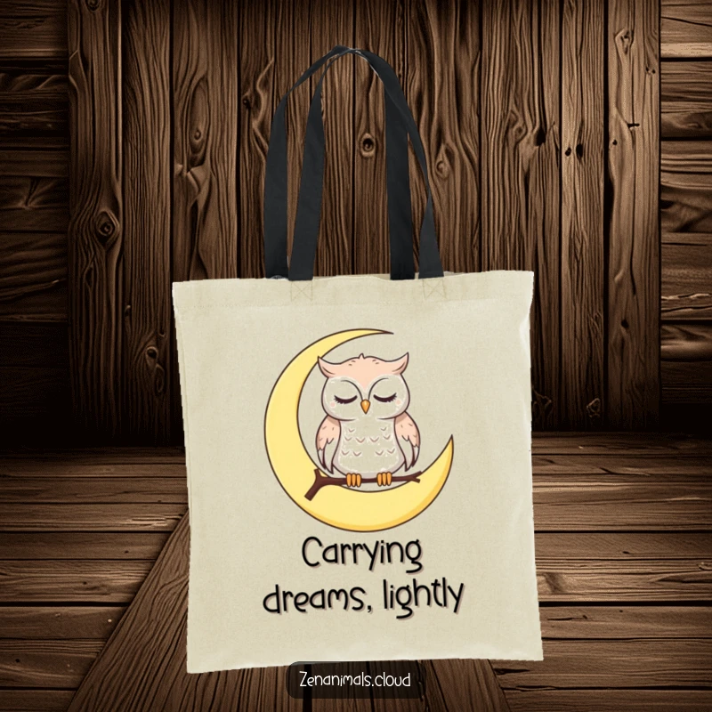 Funny Tote Bag featuring a calm owl on a crescent moon, blinking slowly, ideal for carrying items with a touch of humor.