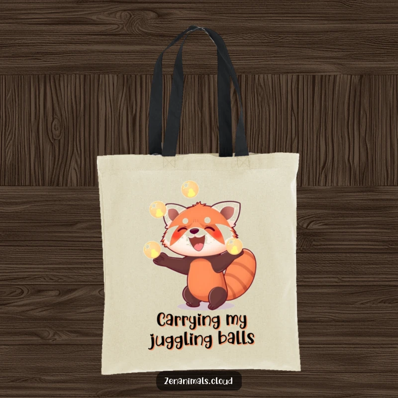 Funny red panda tote bag illustration of a red panda enthusiastically juggling three glowing orbs with a wide smile.