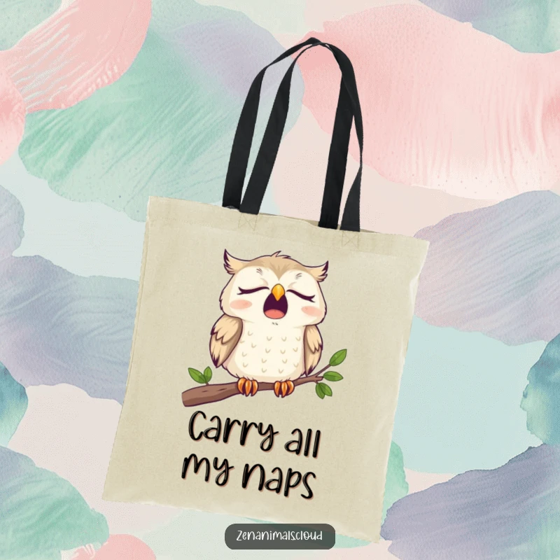 Funny Tote Bag showcasing a sleepy owl yawning widely on a branch, designed for humorous errands and relaxation.