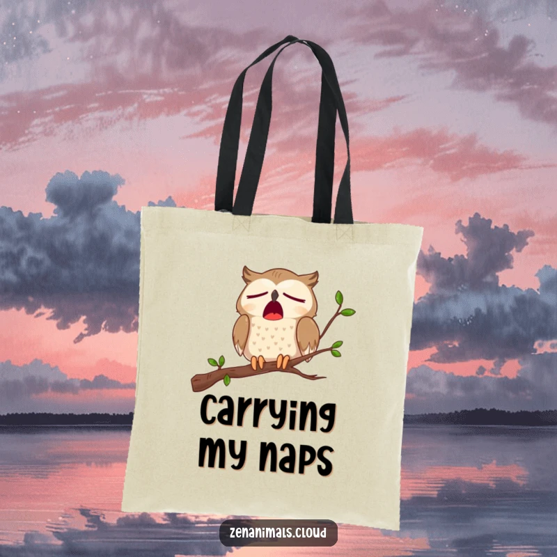 Funny tote bag illustration of a cartoon owl perched on a branch, wide-mouthed in a comical, sleepy yawn.