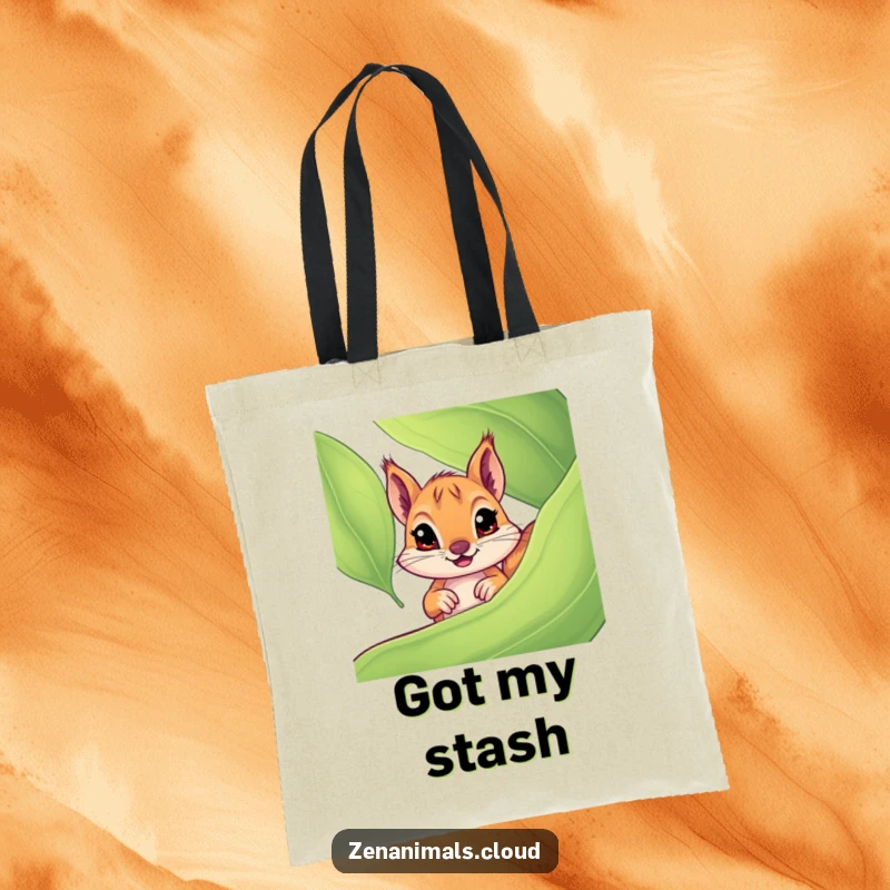 Funny squirrel tote bag featuring a curious squirrel with wide eyes peeking dramatically from behind a large leaf, a humorous accessory.