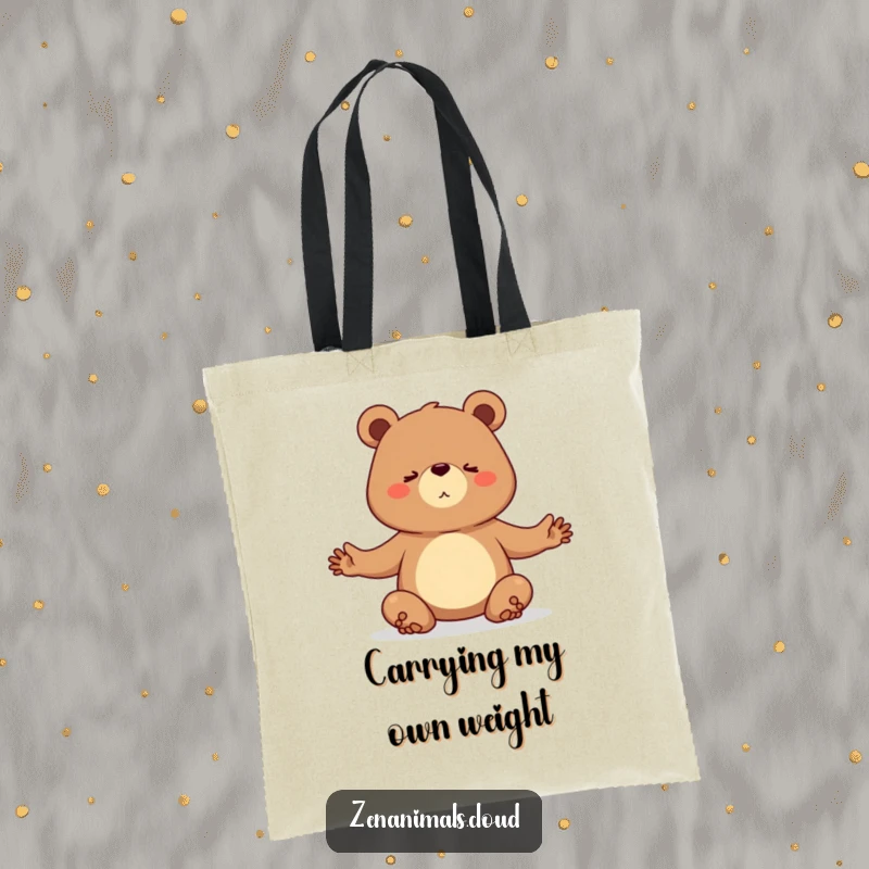 Funny tote bag featuring a determined bear holding a challenging yoga pose, perfect for carrying essentials.