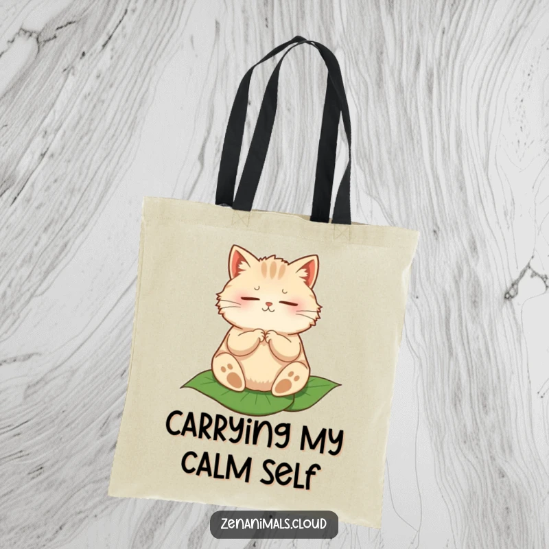 Funny tote bag featuring a round, fluffy cat meditating peacefully on a single leaf, promoting calm.