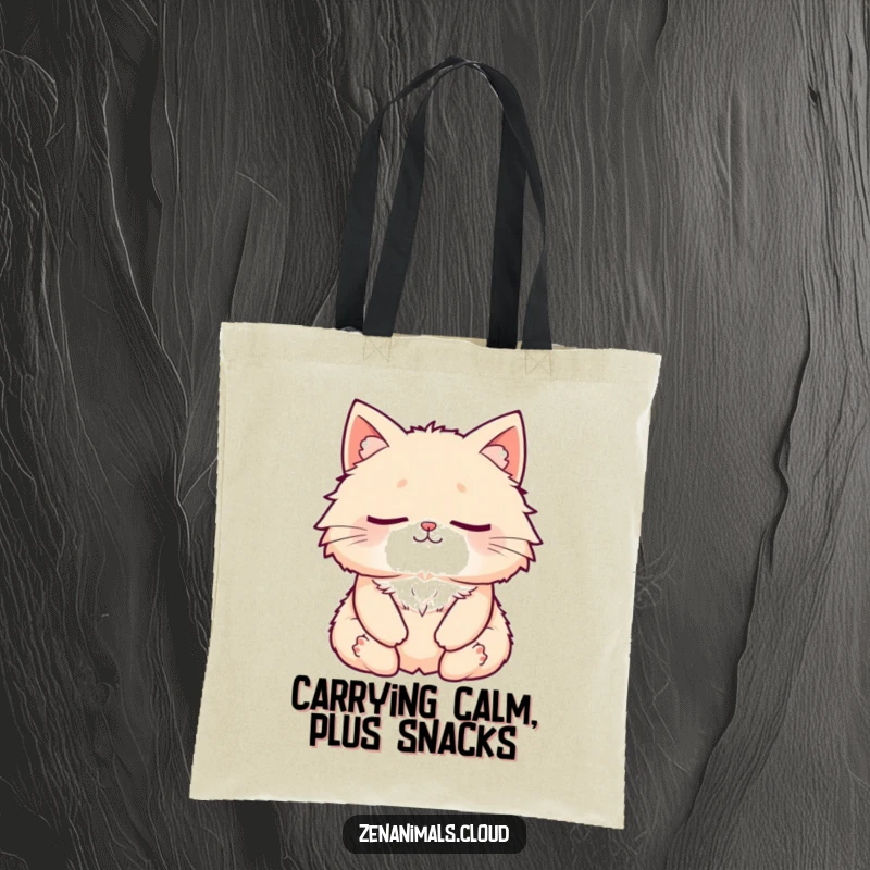 Funny Cat Tote Bag: A fluffy cat meditating peacefully, eyes closed, with a subtle smile, ideal for carrying essentials with humor.