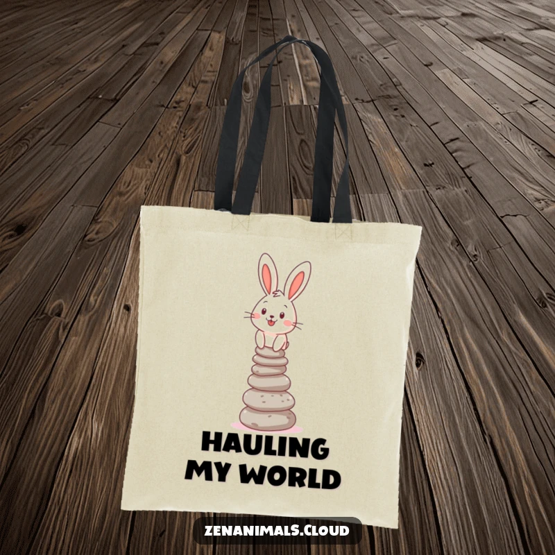 Funny Tote Bag showcasing a cheerful bunny balancing a stack of pebbles, demonstrating funny skill and charm.