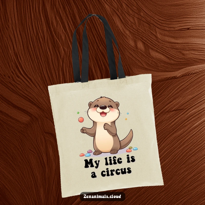 Funny tote bag featuring a cute otter with a big smile, juggling colorful pebbles, perfect for carrying essentials with a playful vibe.