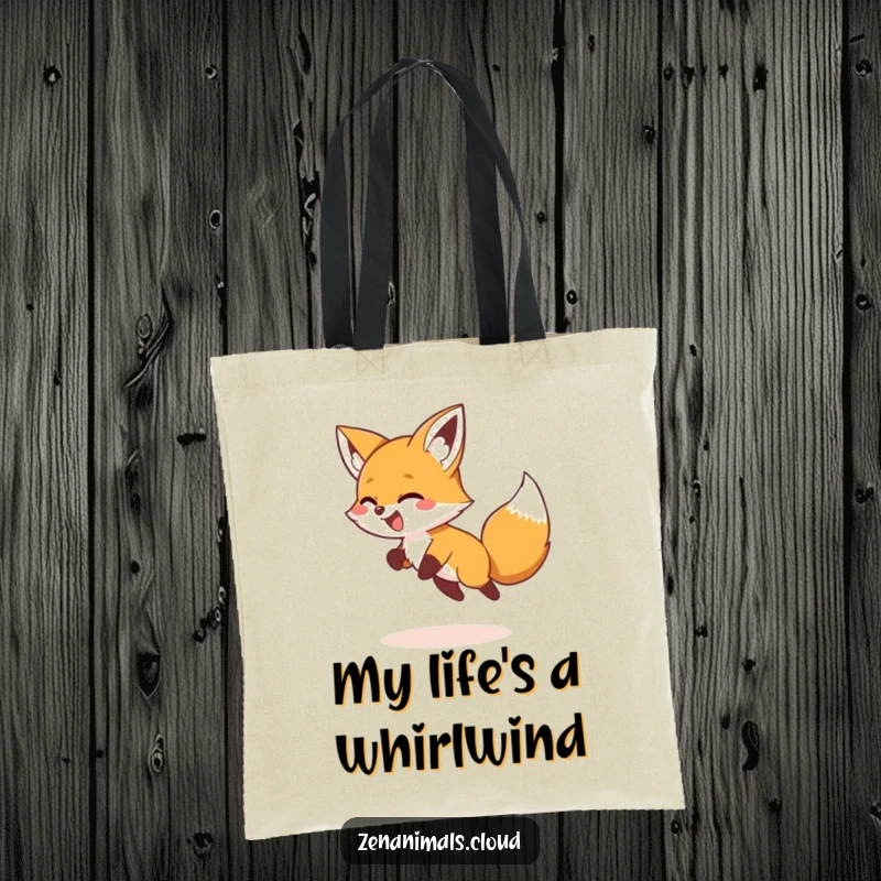 Funny Tote Bag showcasing a giggling fox chasing its tail in a comical circle, designed for humorous errands.