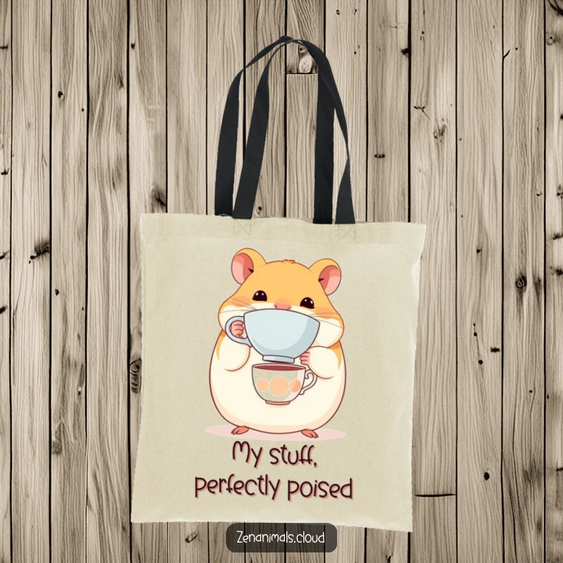 Funny Hamster Tote Bag: A round, content hamster balancing a tiny teacup on its nose, great for carrying essentials with humor.