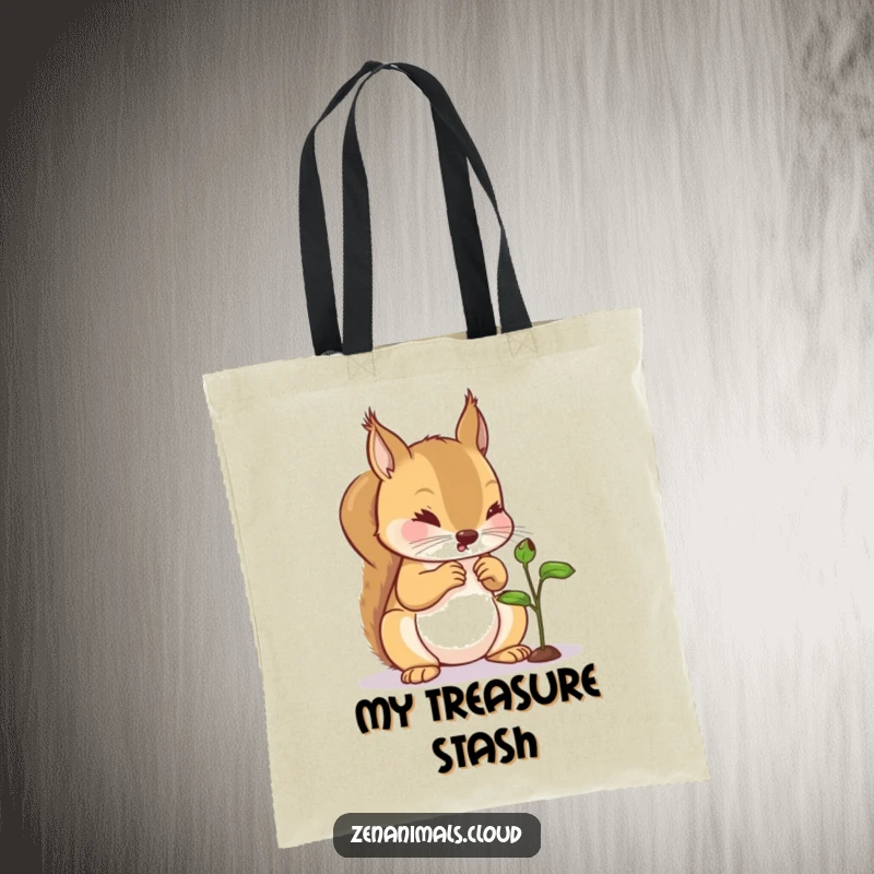 Funny Squirrel Tote Bag: A charming tote bag showing a curious squirrel examining a tiny sprout, perfect for carrying essentials with humor.